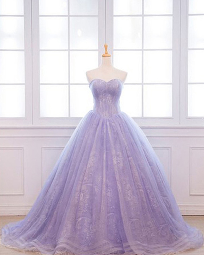 Unique Lavender Lace Long Puffy Evening Dress, Long Customize Prom Dress M1320