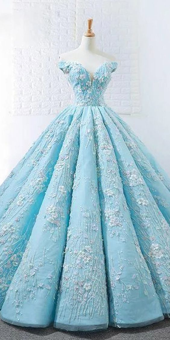 Elegant Blue Off Shoulder Lace Applique Prom Dresses Long Ball Gown M1382