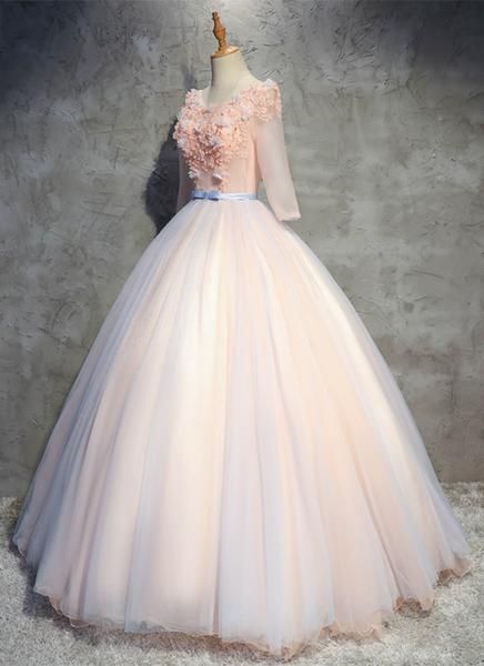 Pink And Blue Tulle Long Beaded 3d Lace Appliqué A-line Evening Dress, Prom Dress With Mid Sleeves M1416