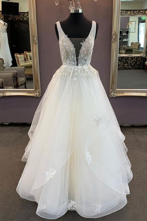 White V Neck Tulle Lace Long Prom Dress, White Tulle Evening Dress M1437