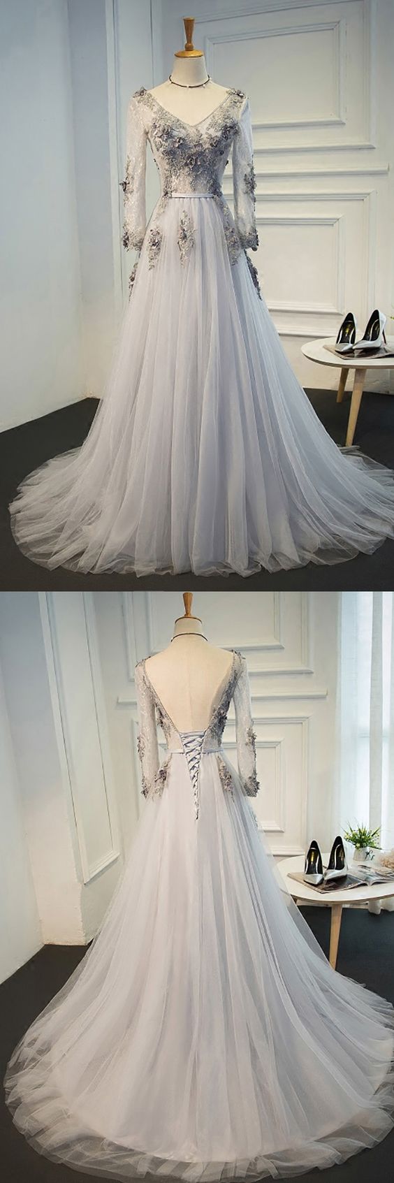 Elegant Grey A Line Formal Long Prom Dress With Long Tulle Sleeves M1447