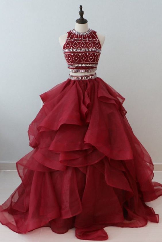 Stylish Burgundy Organza Two Pieces Long Ruffles Beaded Prom Gown, Long  Open Back Shinning Evening D on Luulla