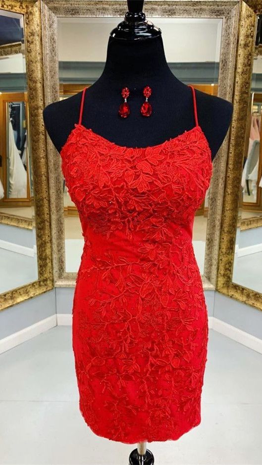 Tight Red Lace Homecoming Dresses, Short Homecoming Dresses With Straps M1656
