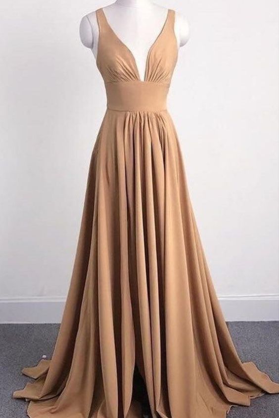 V Neck Gold Long Bridesmaid Dress M1668 on Luulla