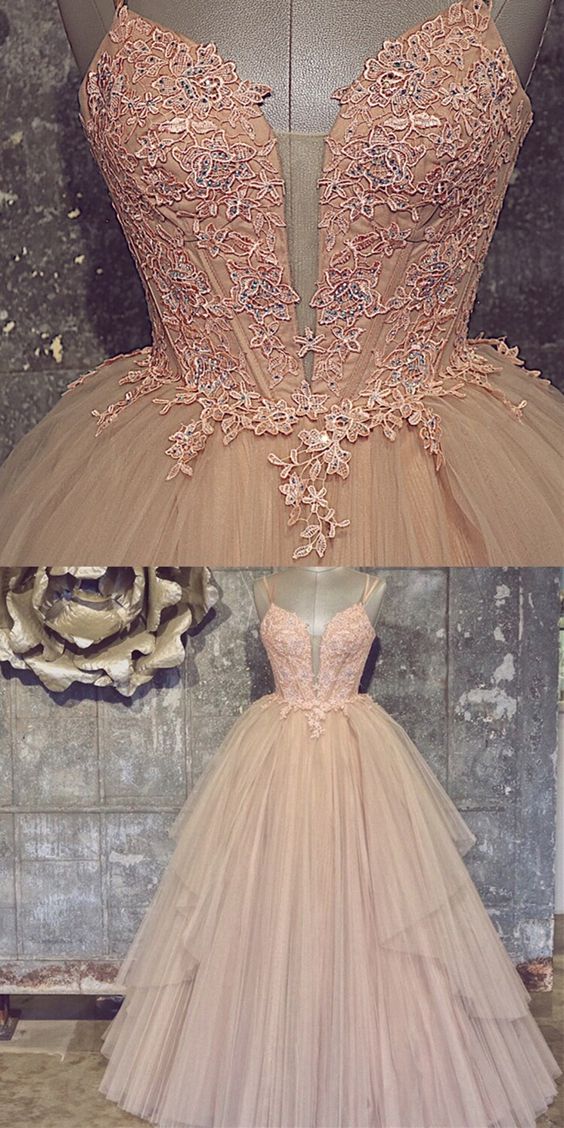 Blush Pink Long Prom Dress, Straps Blush Pink Ball Gown With Spaghetti Straps M1669
