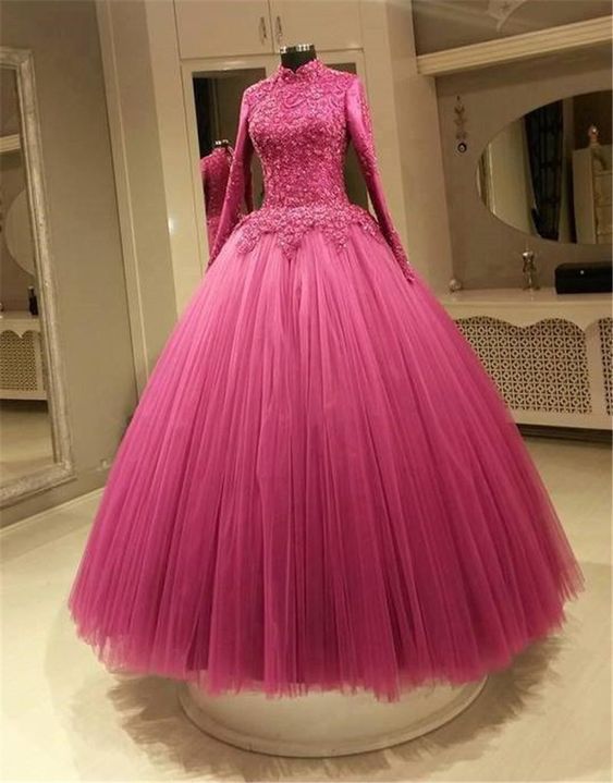 Prom Dress, Muslim Fuchsia Color Wedding Dresses A Line High Neck Long Sleeves Applique Lace Plus Size Bridal Gowns M1685