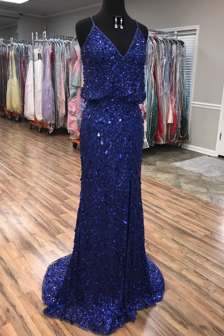 Sparkly A Line Square Neck Blue Sequins Long Prom Dresses With Pockets Y348