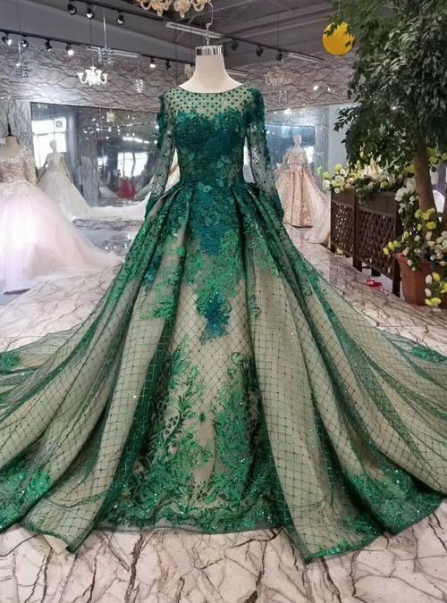 Green Ball Gown Tulle Sequins Bateau Long Sleeve Appliques Wedding Dress M1730