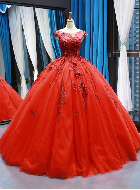Red Ball Gown Tulle Appliques Bateau Backless Cap Sleeve Floor Length Prom Dress M1742
