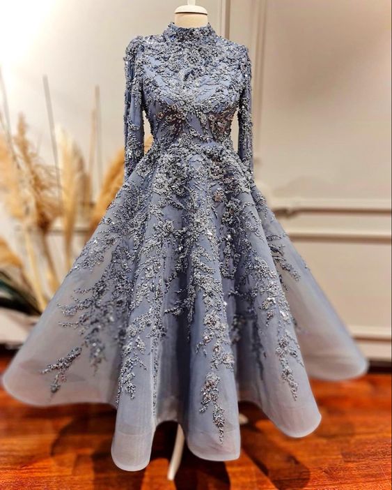 Blue Tulle Long Evening Dress With Lace Applique M1763