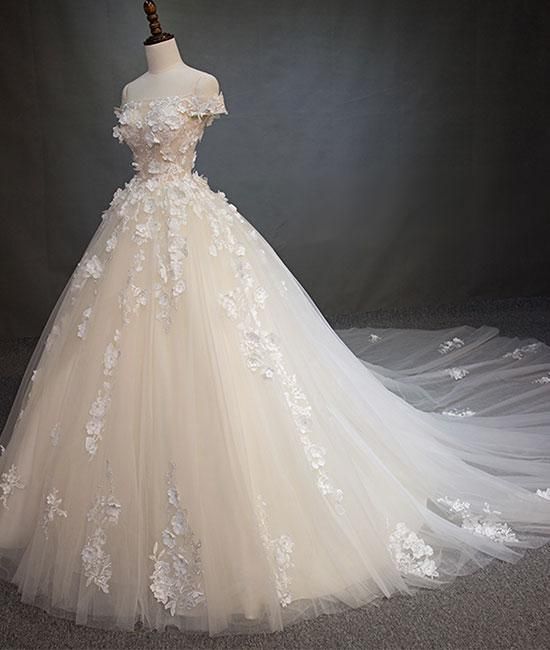 White Tulle Lace Applique Long Prom Dress, White Lace Wedding Dress M1804