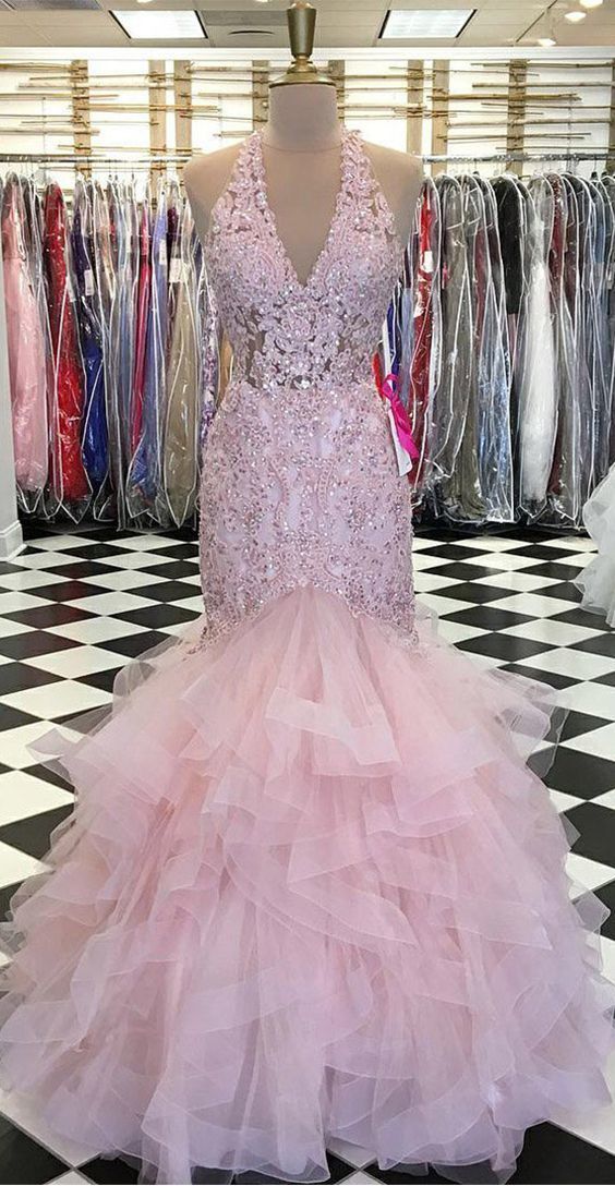 Trumpet V-neck Lace Bodice Beaded Pink Prom Dress With Ruffles M1808