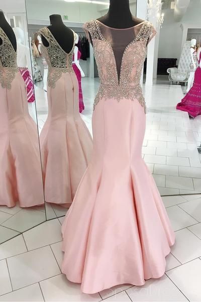 Pink Cap Sleeve Beaded V Neck Mermaid Long Evening Prom Dresses M1810