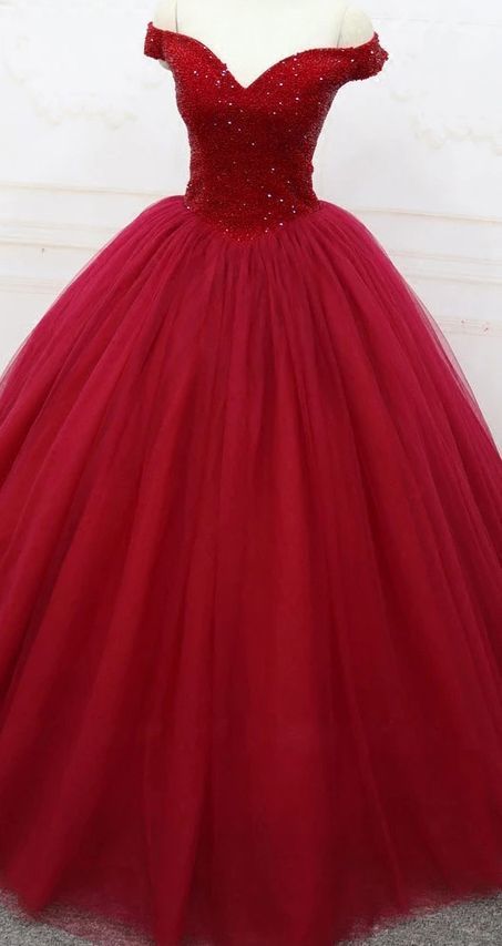 Off Shoulder Ball Gown Burgundy Tulle Long Prom Dresses With Beading M1812