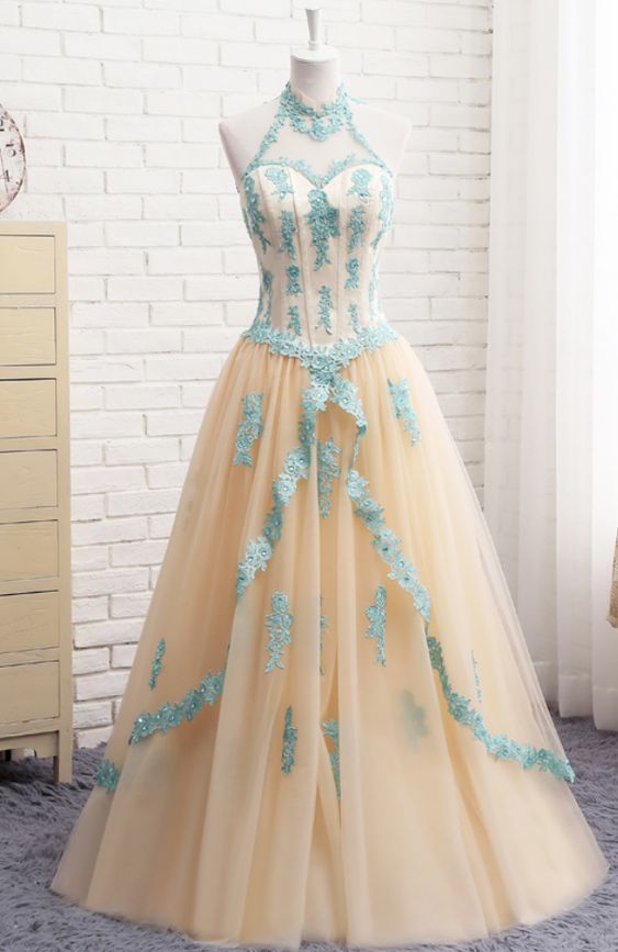 Sexy Halter Light Champagne Tulle Long Prom Dresses With Lace M1814