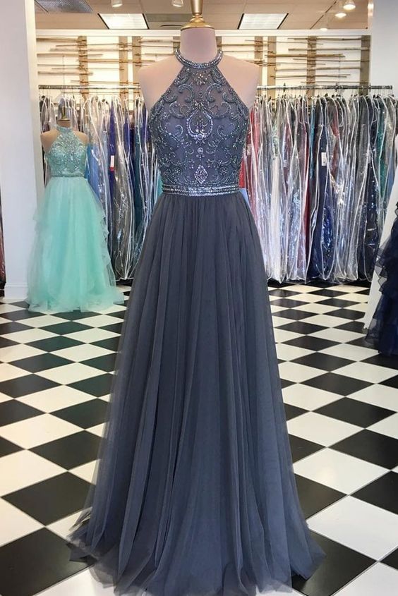Gray Tulle Beads Long Pom Dress, Gray Tulle Evening Dress M1818