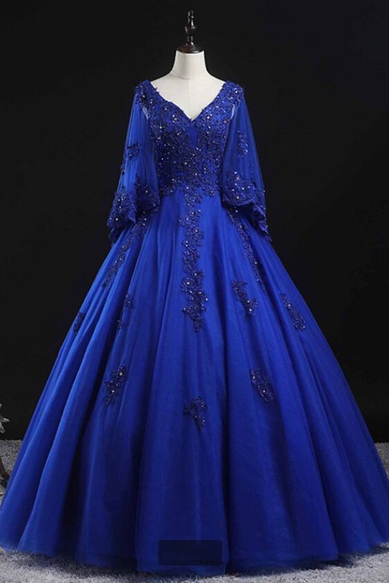 Royal Blue Tulle Long Lace Corset Princess Puffy Prom Dress Formal Dress M1827