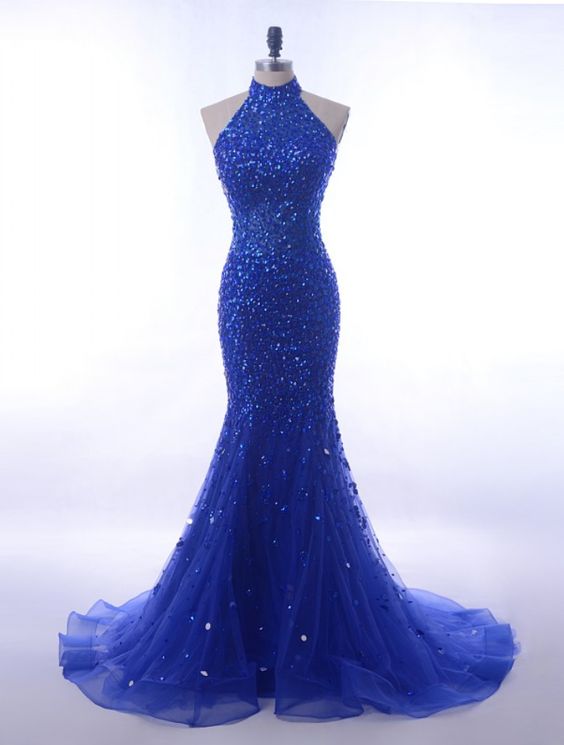 Luxury Sequin Crystals Evening Party Dress Long Royal Blue Mermaid Prom Dresses Halter For Formal Gowns M1869