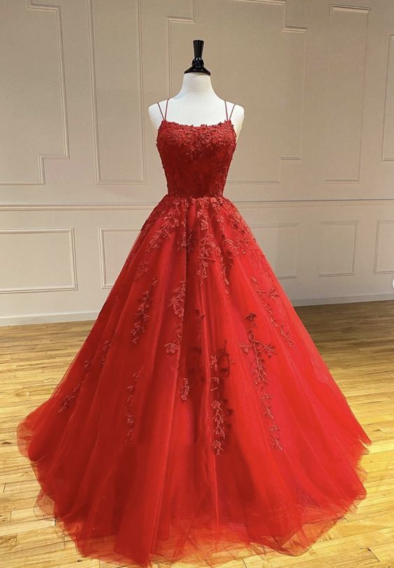 Red Lace Tulle Long Prom Dress, Red Evening Dress M1881