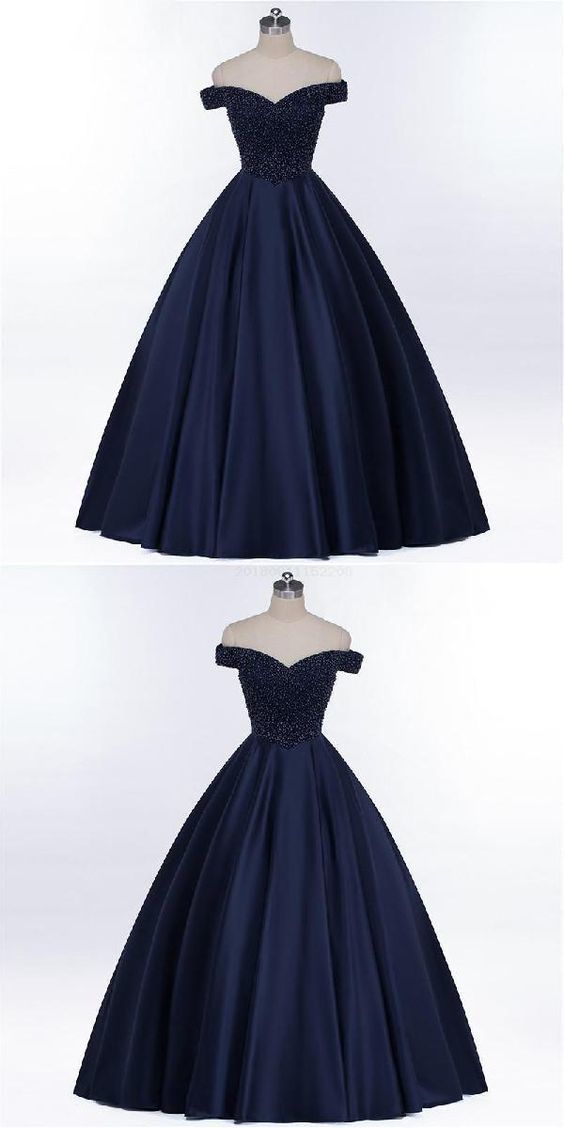 Off Shoulder Navy Blue Beaded A Line Long Evening Prom Dresses M1889 on ...
