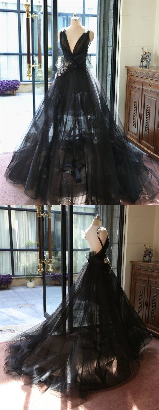 Black V Neck Sleeveless Backless Wedding Dresses With Lace Appliques ...