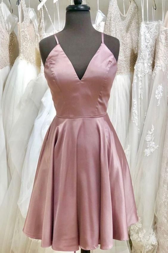 Simple Straps Rose Gold Homecoming Dress With Lace Up Back M1969