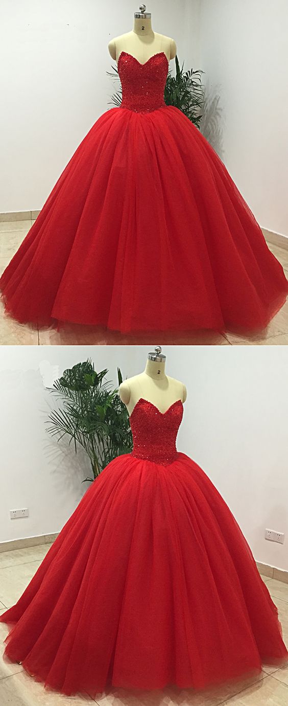 Red Tulle Sweetheart Neck Long Beaded Prom Dress, Quinceanera Dress M2044