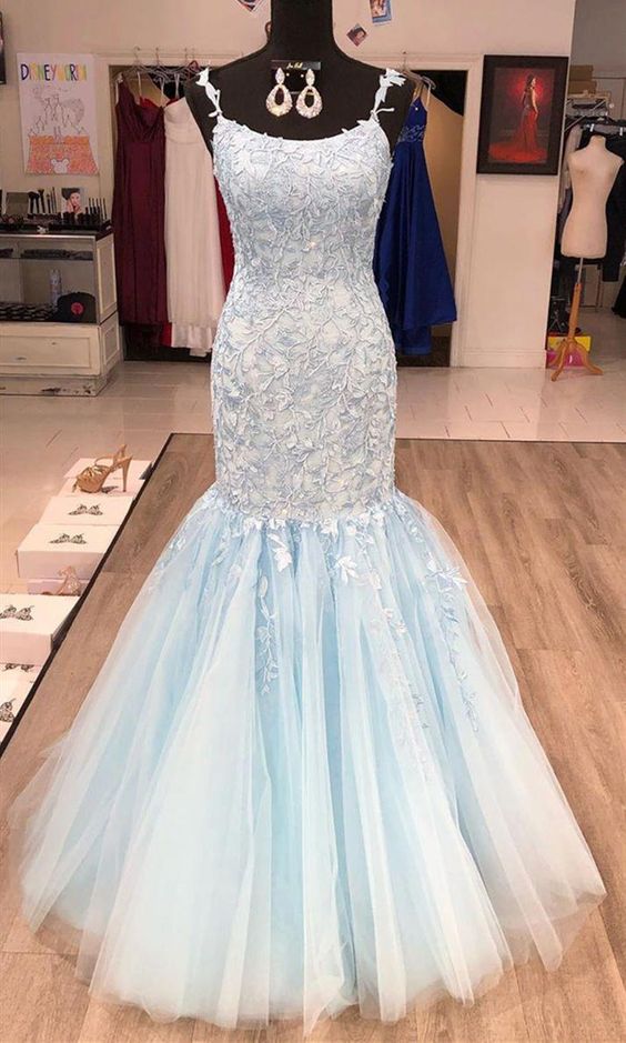 Sleeveless Prom Dresses Blue Lace Tulle Evening Dresses M2141