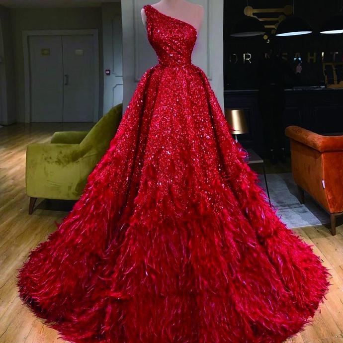 One Shoulder Ball Gown Prom Dresses Red Sparkly Feather Luxury Prom Gown M2156