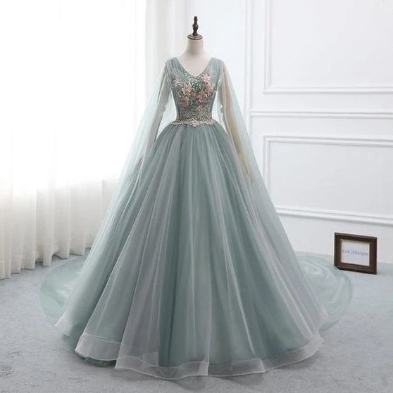 Custom Prom Dress Ball Gown Long Quinceanera Dress V-neck Long Sleeve Party Dress M2162