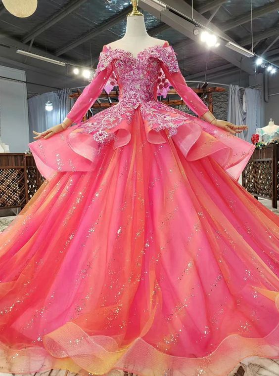 Fuchsia Tulle Sequins Long Sleeve Appliques Beading Prom Dress M2165