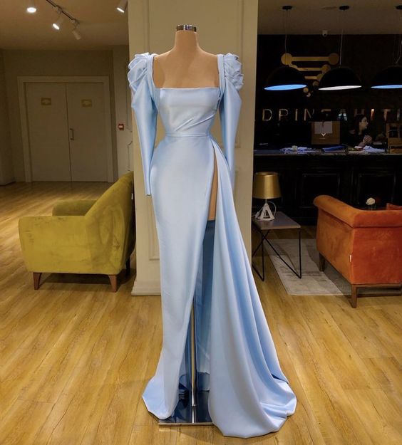 Blue Satin Long Side Slit Prom Dress, Blue Evening Dress M2191