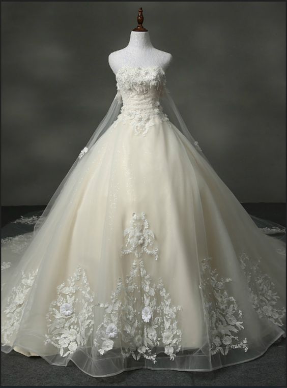 Modest A-line Tulle Wedding Dress with Lace Appliques main image 1