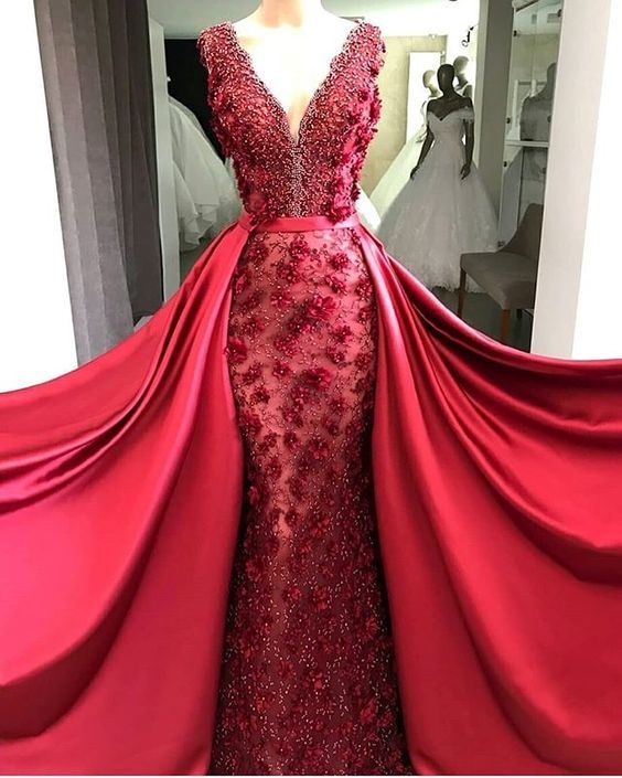 Red Evening Dress, Detachable Skirt Evening Dress, Evening Dresses Long, Beaded Evening Dresses M2209