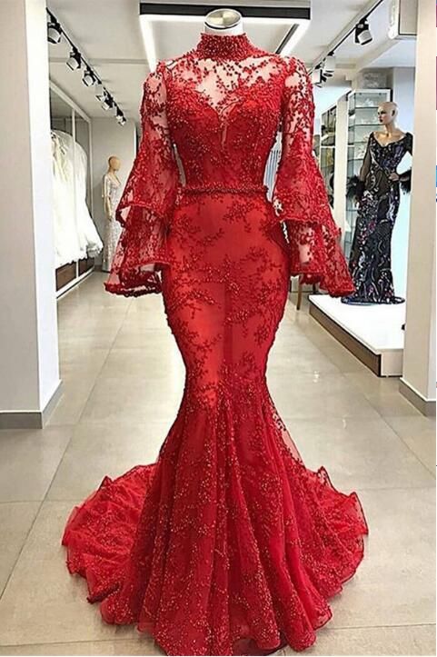 Mermaid Evening Dresses | High Neck Lace Sheer Tulle Appliques Prom Dresses M2210