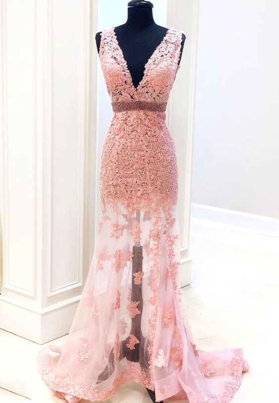 Mermaid Lace Long Pink Prom Dress Formal Gown M2220