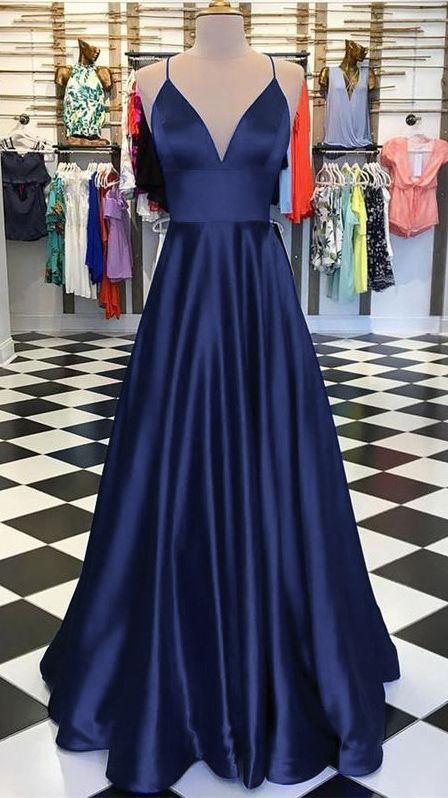 A-line Long Satin V-neck Prom Dresses Formal Evening Gowns M2248