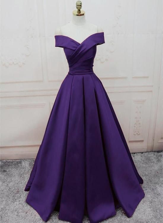 Dark Purple Off Shoulder Satin Long Formal Gown, Prom Dresses M2251