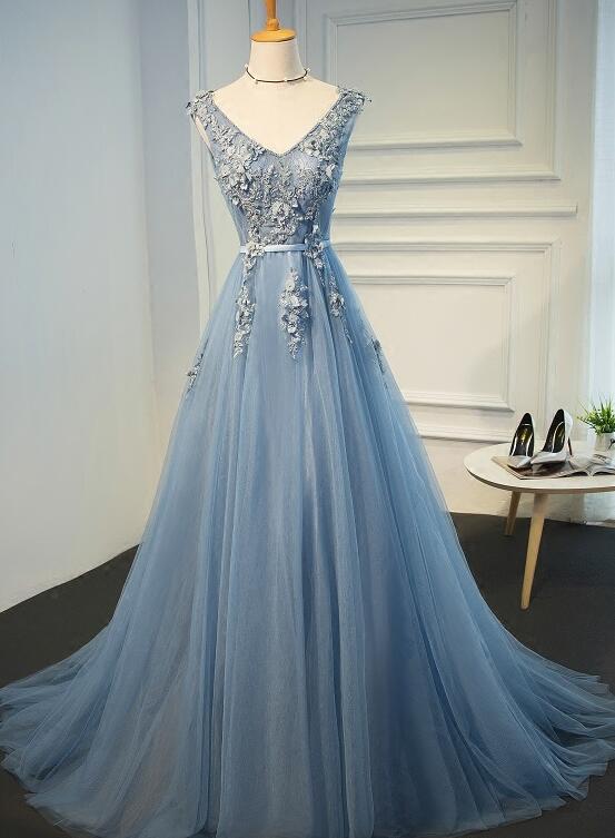 Beautiful Light Blue V-neckline Flower Lace Applique Party Dress, High Quality Long Tulle Evening Dress M2256