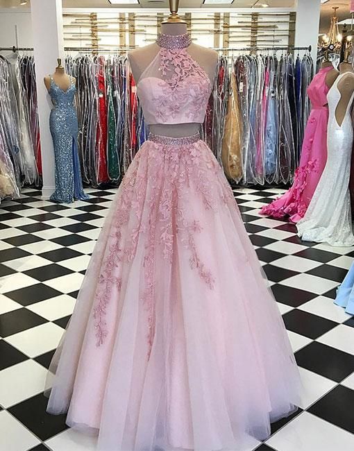 Pink Two Pieces Lace Tulle Long Prom Dress, Pink Evening Dress M2257