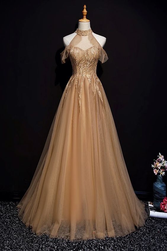 Charming Champagne Tulle Halter Long Party Gown, Prom Dress M2296