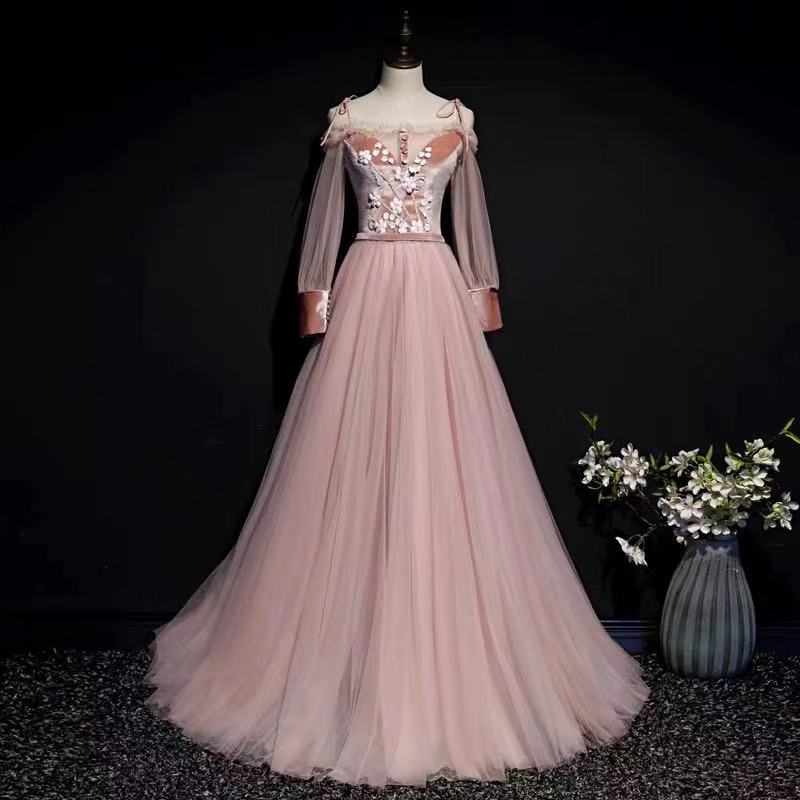 Pink Party Dress Long Sleeve Evening Dress Tulle Applique Prom Dress Backless Formal Dress M2297