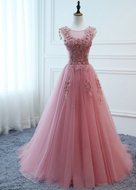Beautiful Pink Floral Lace Straps Long Party Gowns, Elegant Formal Dresses