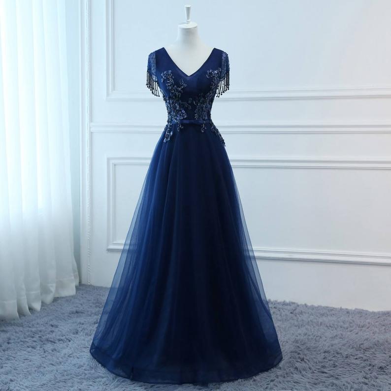 Prom Dresses Long Navy Blue Evening Dresses Foral Tulle Dress