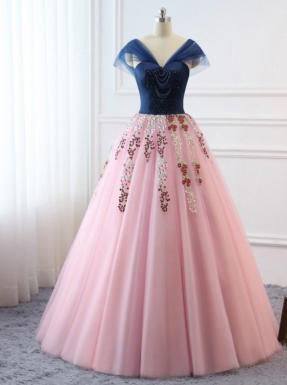 Custom Women Light Pink Prom Dress Ball Gown Long Quinceanera Dress Floral Flowers Masquerade Prom Dress M2307