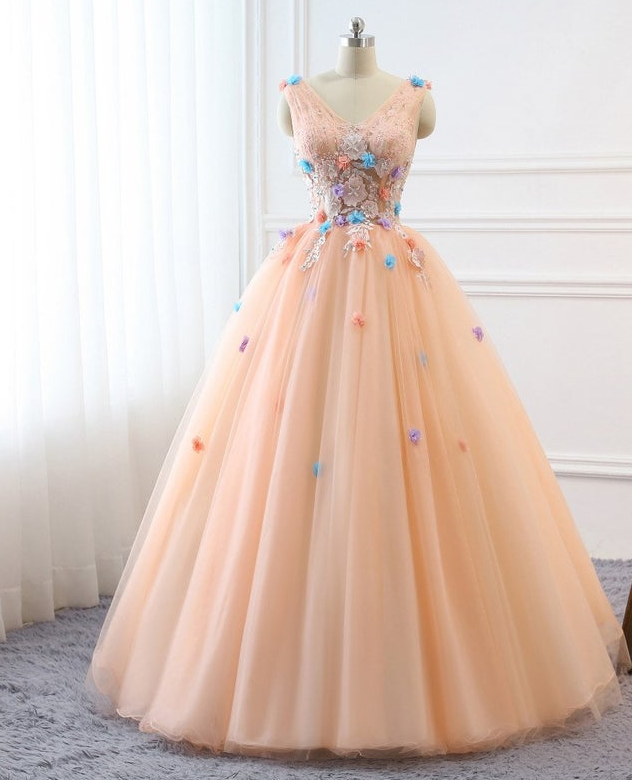 Prom Ball Gown Plus Size Long 2021 Women Formal Dresses Tulle Orange Pink Flowers Quinceanera Dress M2308