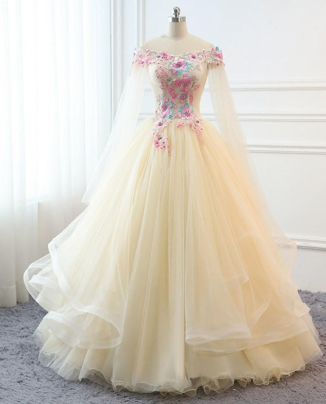 Custom Women Champagne Prom Dress Ball Gown Long Quinceanera Dress Floral Flowers Masquerade Prom Dress M2309