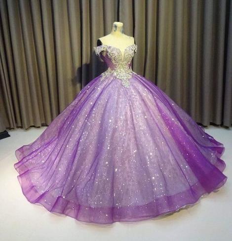 Purple Off The Shoulder Ball Gown , Bling Bling Prom Dress M2313