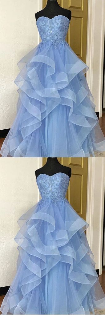 Blue Tulle Lace Long Prom Dress, Blue Tulle Lace Evening Dress M2330
