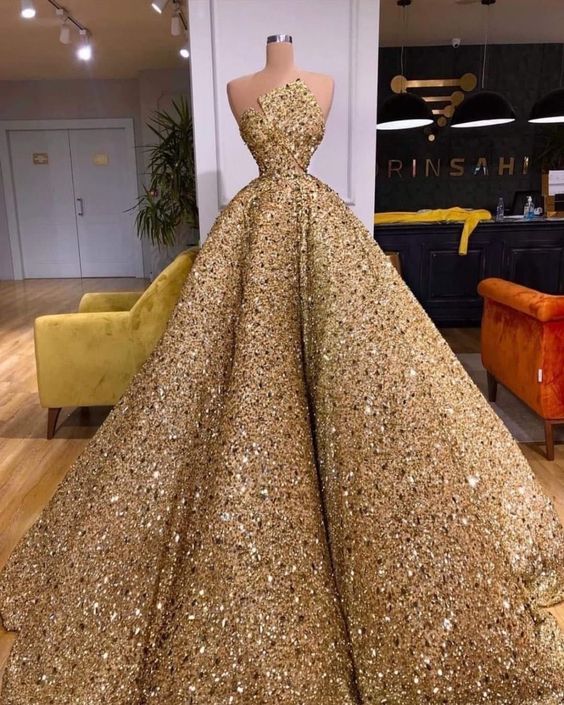 Classic A-line Gold Long Prom Dress Formal Dress With Sequin M2335